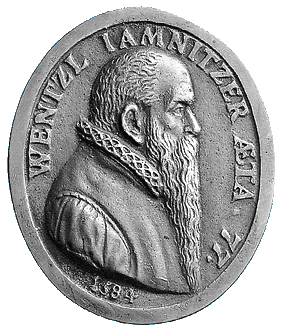 Ovale Medaille 1584 von Valentin Maler auf den Goldschmied Wenzel Jamnitzer