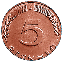 5-Pfennig-Stück der BRD auf einem 1-Pfennig-Schrötlinggeprägt