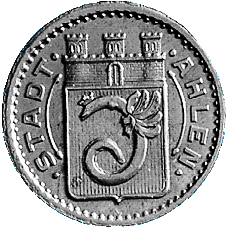 Rückseite einer Notgeldmünze der Stadt Ahlen im Wert von 50 Pfennig