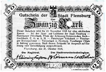 Ein Notgeldschein der Stadt Flensburg im Wert von 20 Mark
