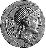 Vorderseite eines Denars aus dem römischen Münzwesen zur Republikzeit