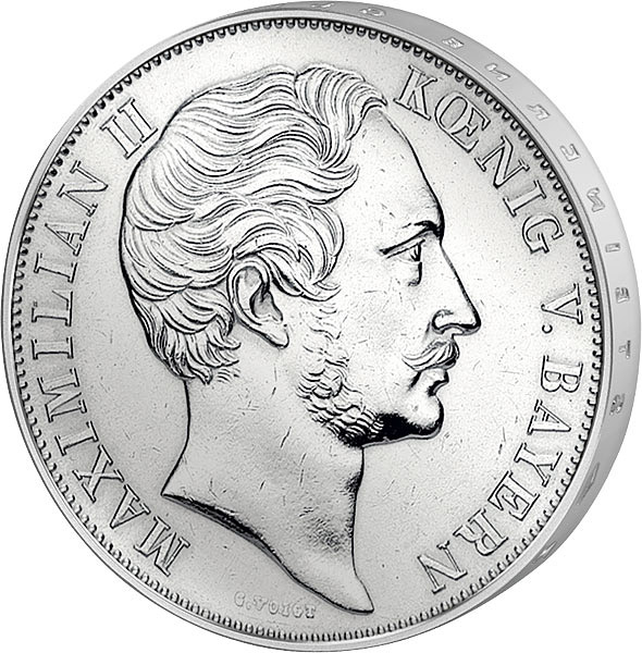 Das Bild zeigt die Vorderseite des Doppelgulden Bayern König Maximilian II. Mariensäule 1855