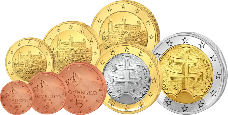 Die Slowakische Krone wurde durch den Euro abgelöst Ein Euro-Kursmünzensatz aus der Slowakei, der die Slowakische Krone abgelöst hat